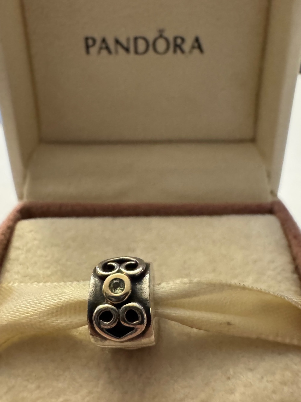 Pandora Two Tone Double Heart Peridot Clip Charm